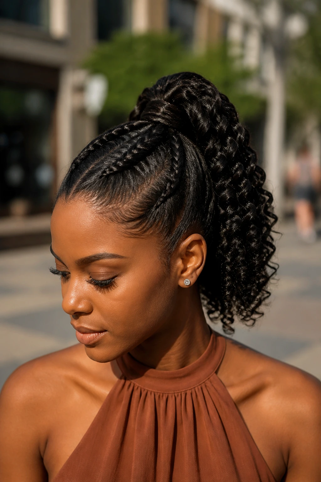 Real woman with high French braid ponytail and curly ends in outdoor setting.