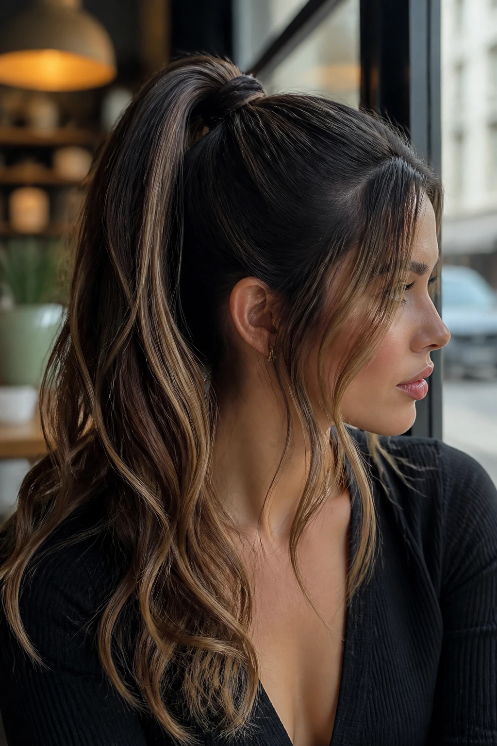 Close-up of real woman with high ponytail and hidden blonde pieces in natural cafe light.
