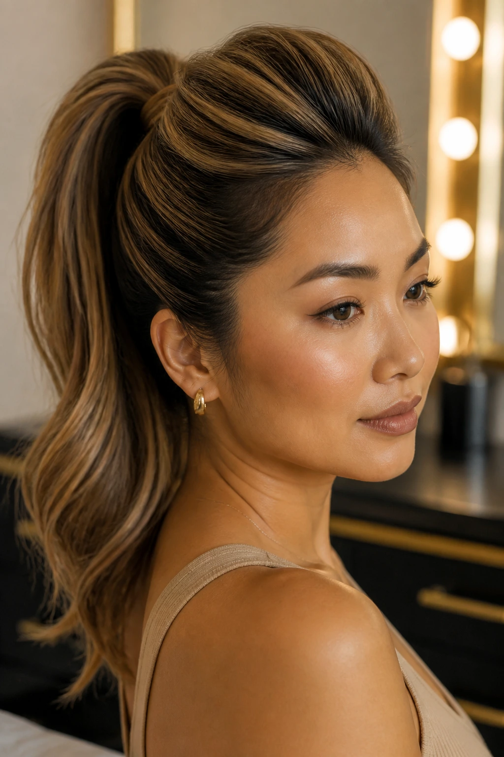 Close-up of polished high ponytail with lifted crown and warm highlights