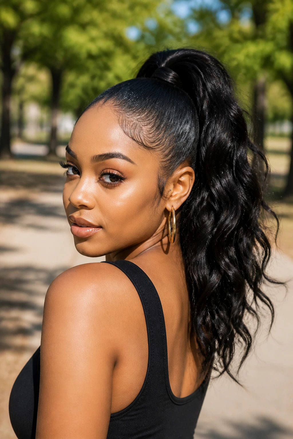 Portrait of a person with a high ponytail and loose waves.