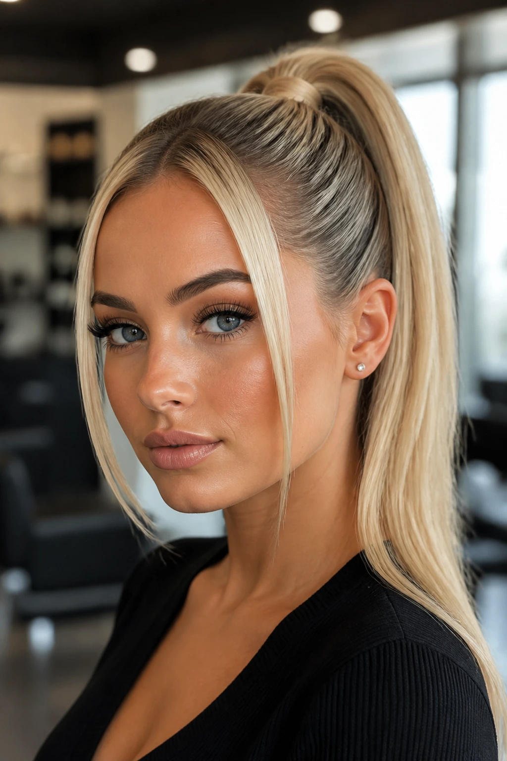 Close-up of a real woman with a sleek high ponytail and bright money piece