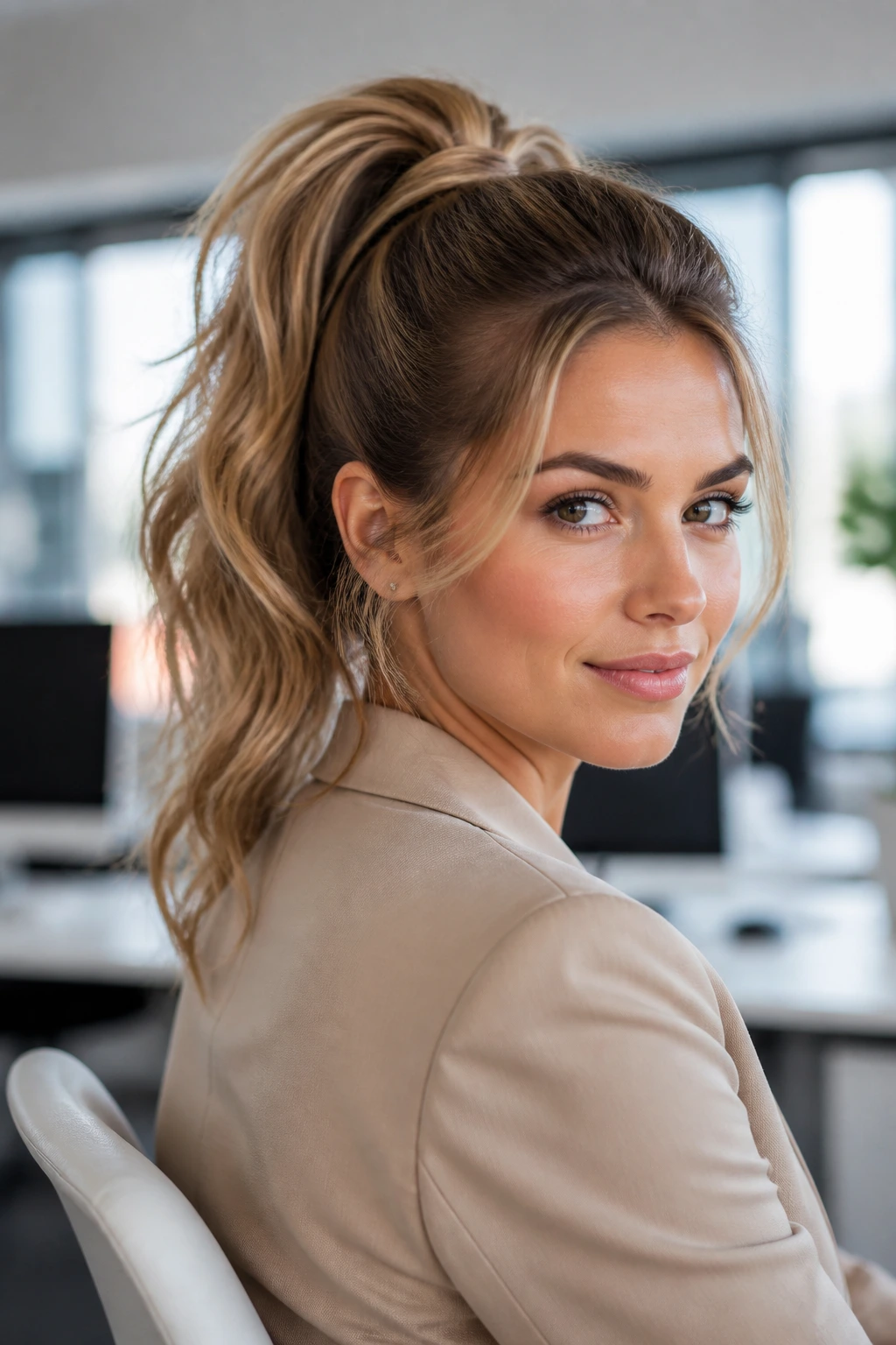 Real woman with a lifted crown ponytail in a bright office setting