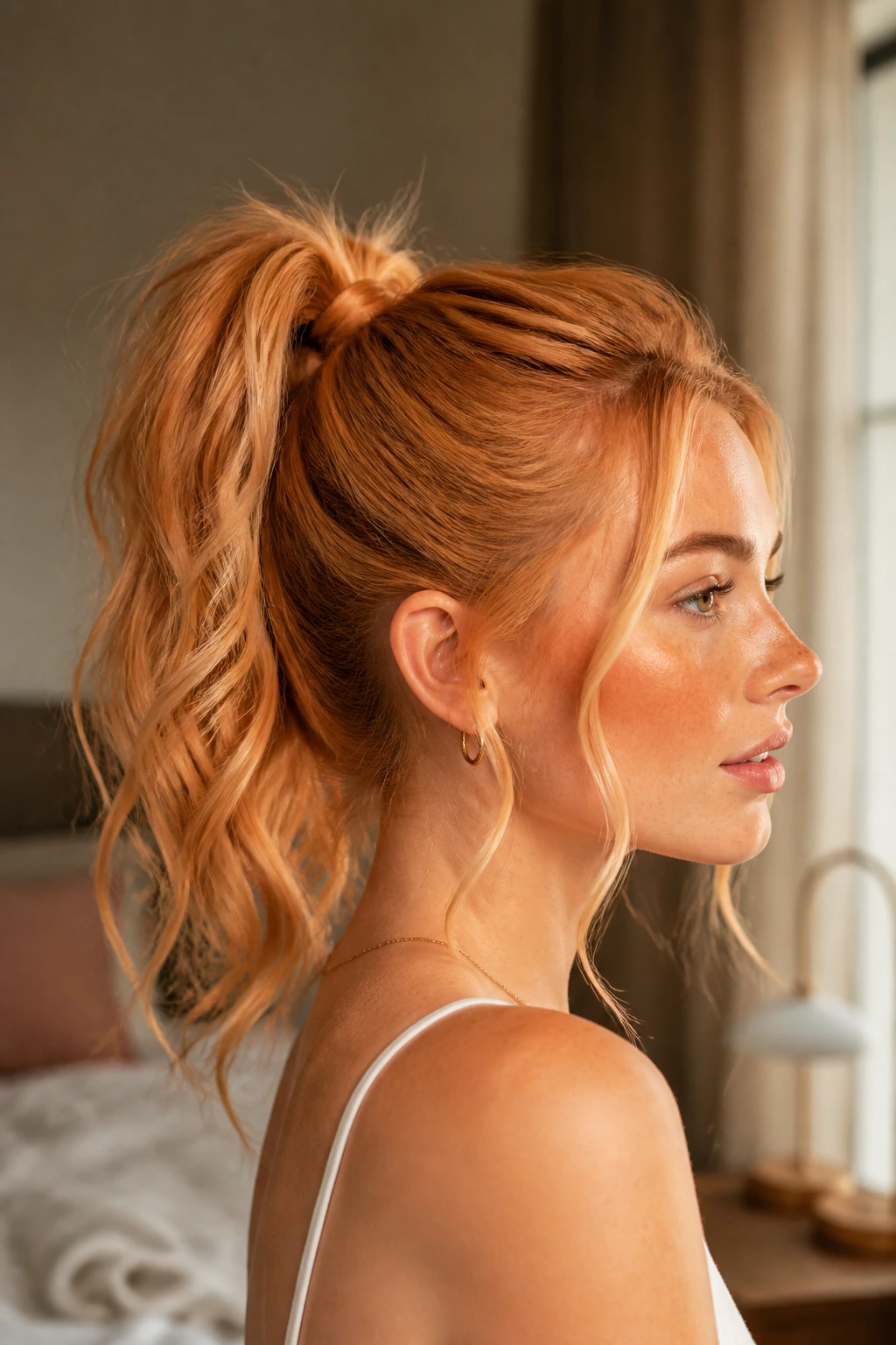 Real woman with high ponytail and peachy tendrils framing the face