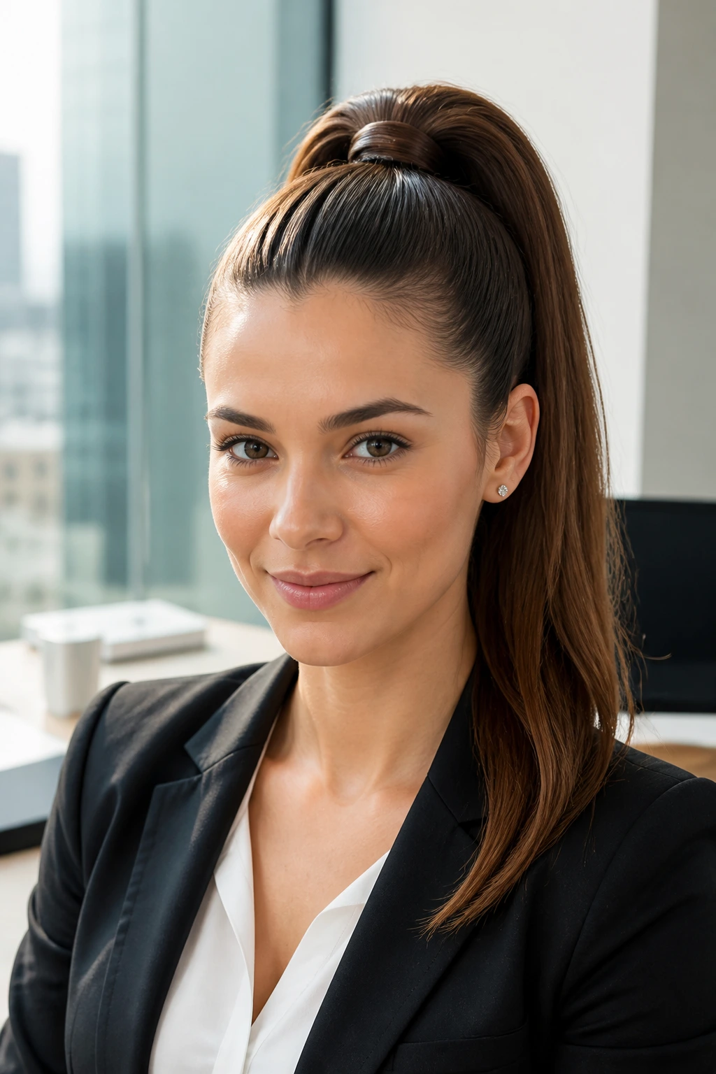 Portrait of a woman with a high polished ponytail in a bright office