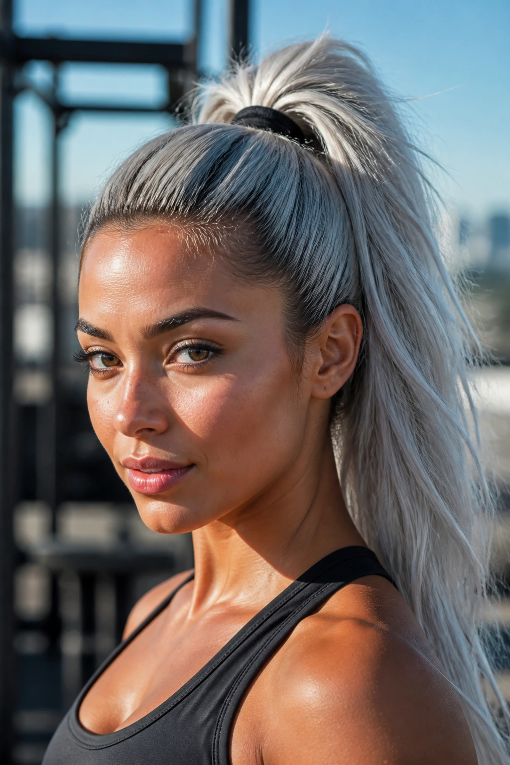 Portrait of a woman with a high ponytail and silver lengths highlighting facial features.