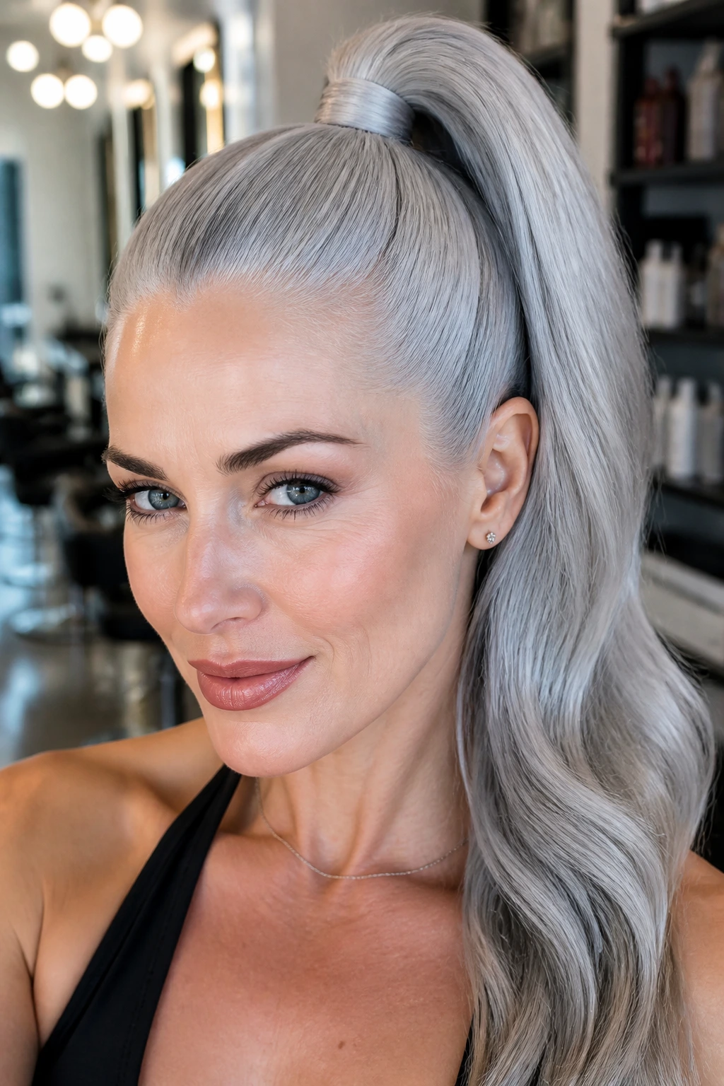Real woman with a glossy silver high ponytail in a bright salon setting