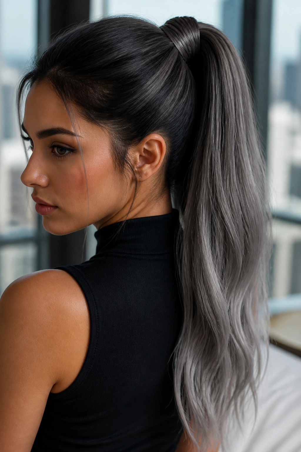 Close-up of a real person with a high ponytail and smoke grey length hair