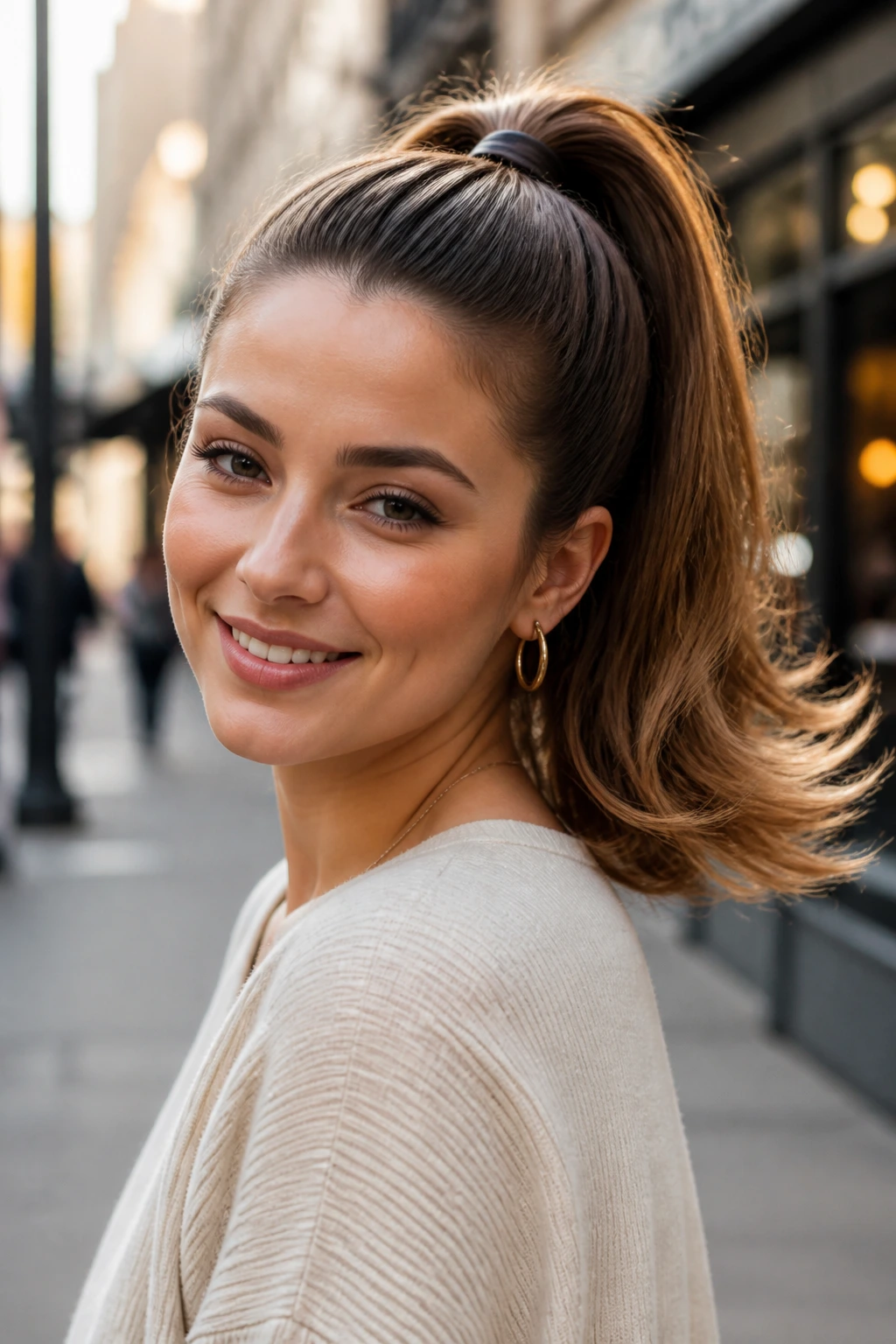 Close-up of a real woman with a high ponytail and soft flare at the ends.