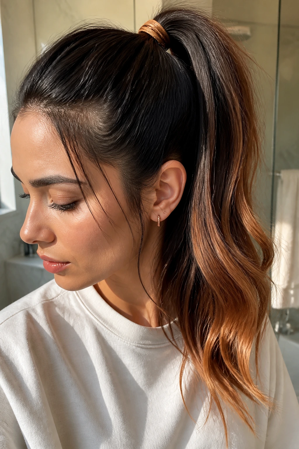Close-up of a real woman with a high ponytail showing strawberry ends wrapped around elastic.