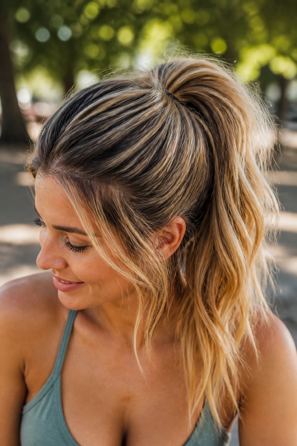 Close-up portrait of a real woman with a textured high ponytail catching sunlight