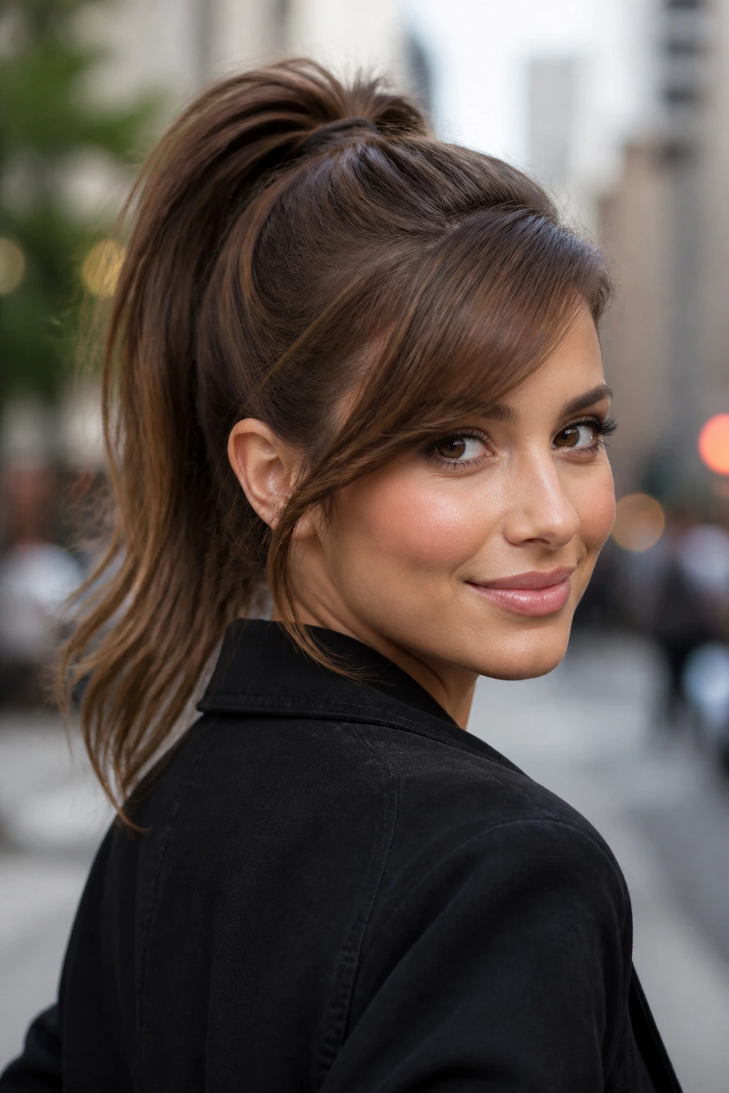 Real woman with a high ponytail and swooped fringe in a portrait