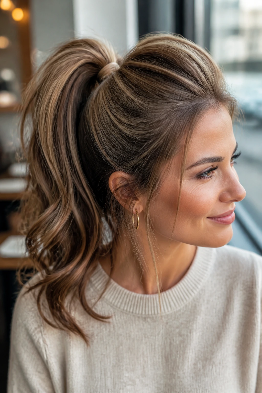 Close-up of a real woman with a high ponytail and teased crown showing lowlights