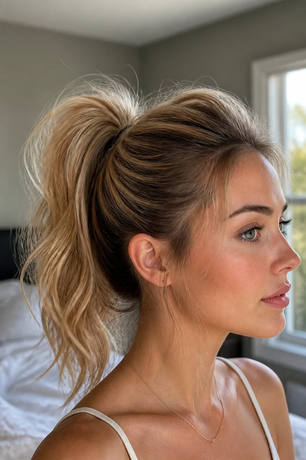 Close-up of a real woman with a textured high ponytail and crown lift in natural window light