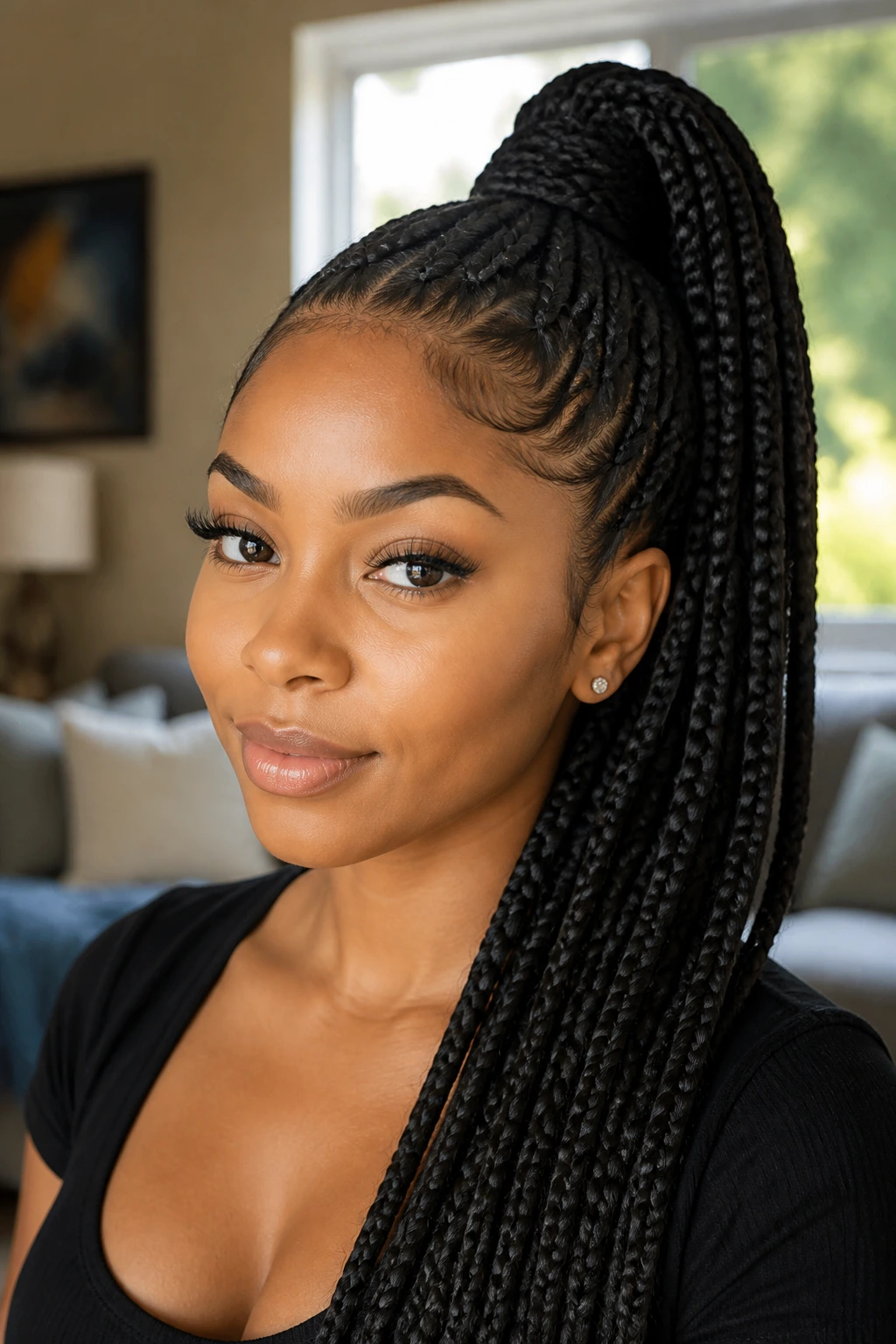 Close-up of a real woman with a high ponytail of thick braids under natural window light