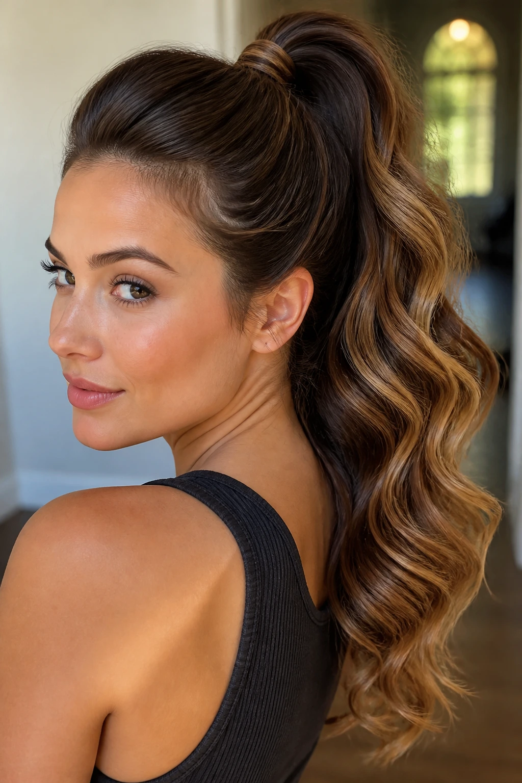 Close-up of a real woman with a high ponytail and waves