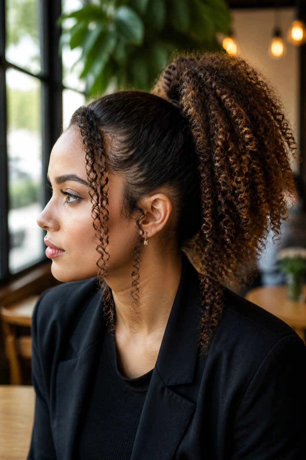 Portrait of a real person with a high ponytail and wrapped base in a cafe