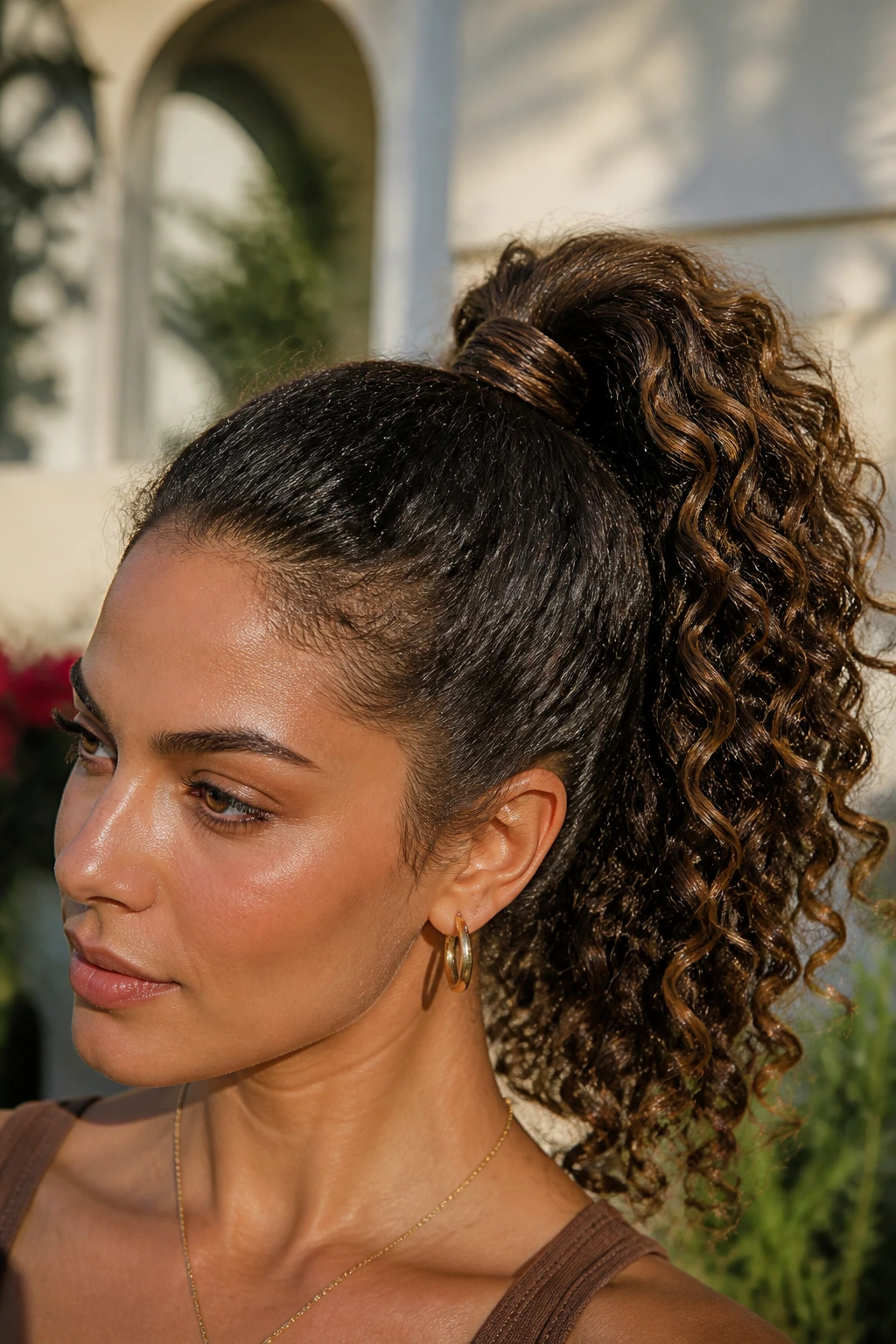 Close-up of a real woman's high curly ponytail with a wrapped base