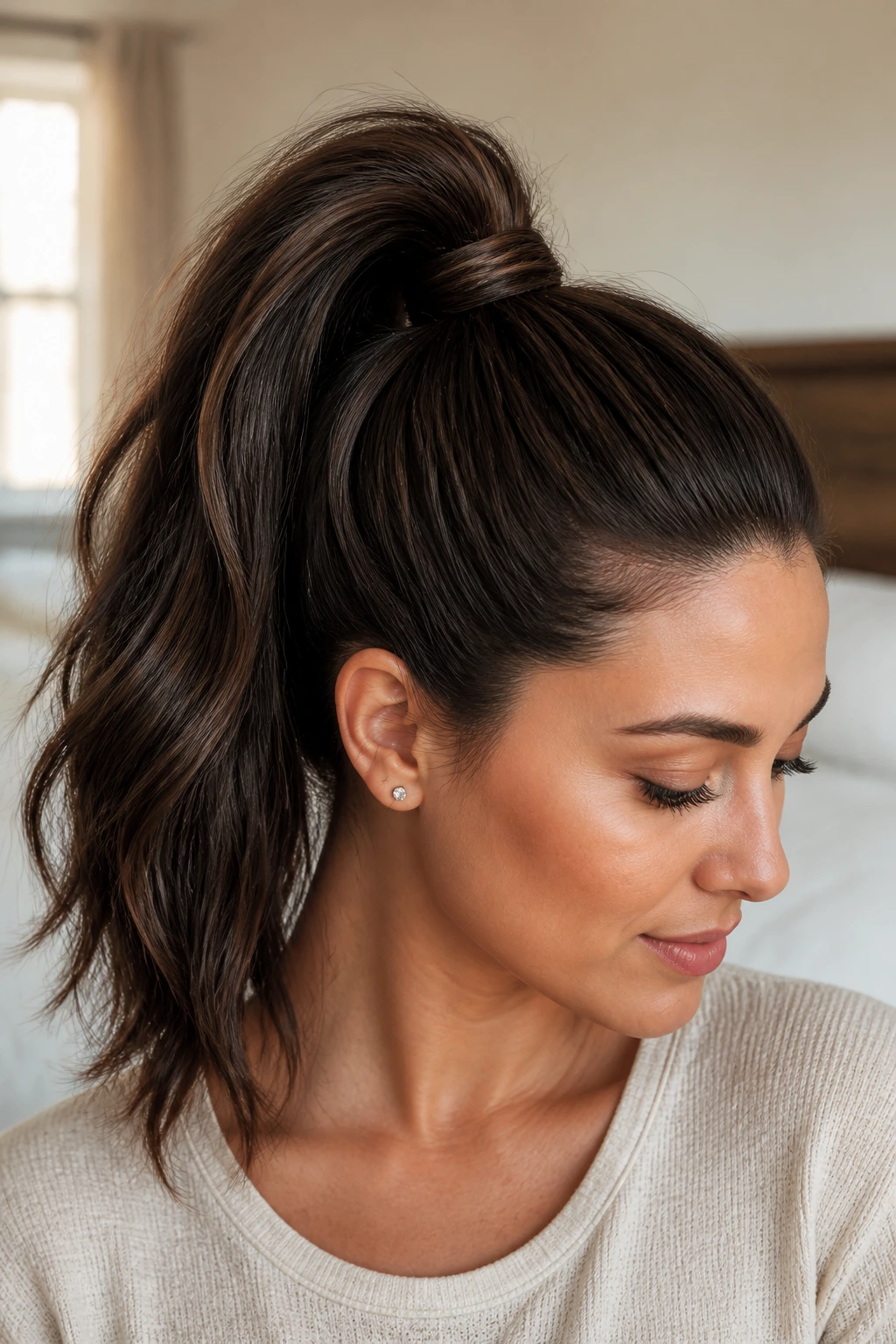 Close-up of a real woman with a high ponytail wrapped base in morning bedroom light