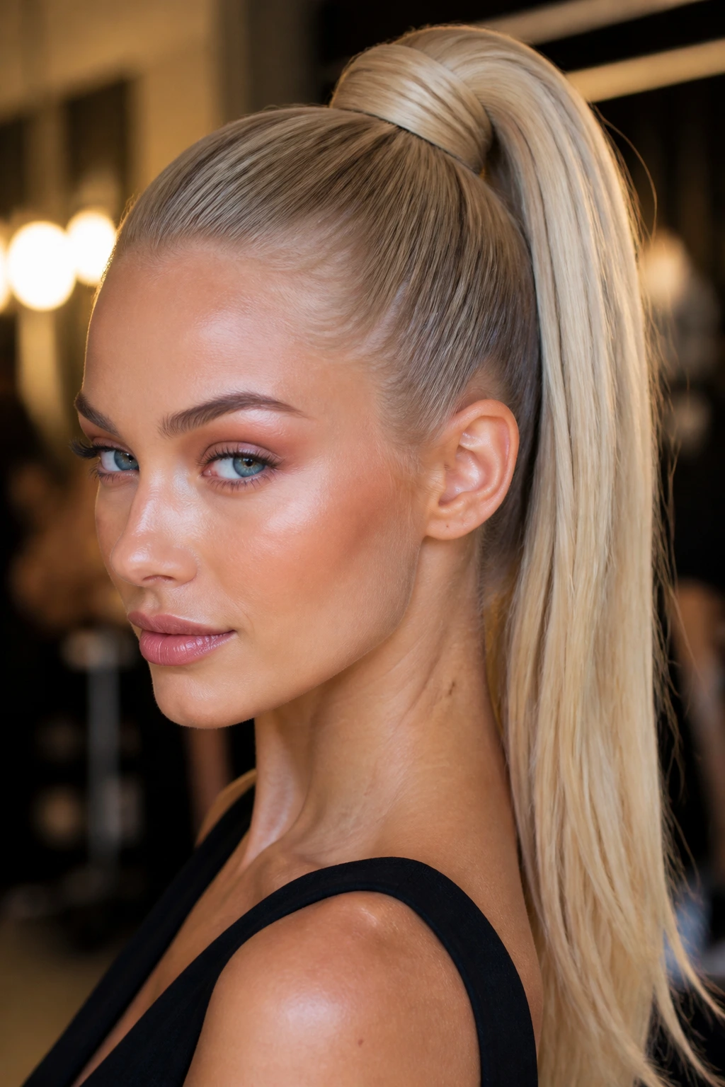 Close-up of a real woman with a high ponytail and wrapped base.