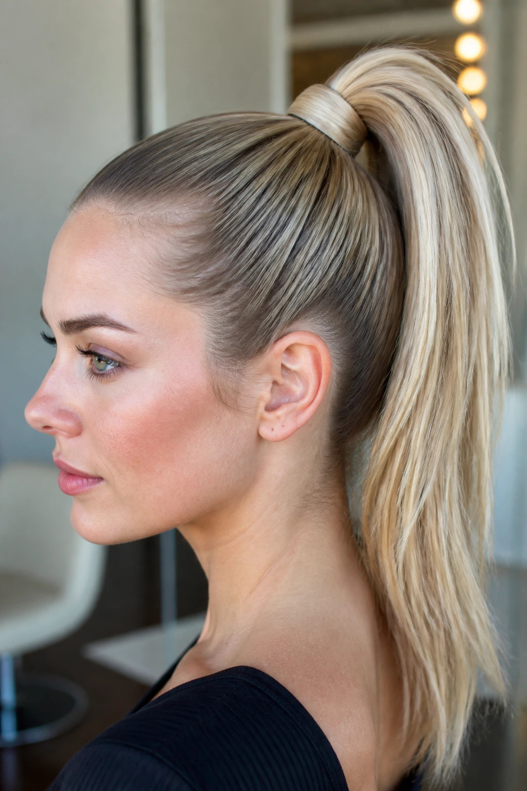 Woman with high ponytail wrapped base