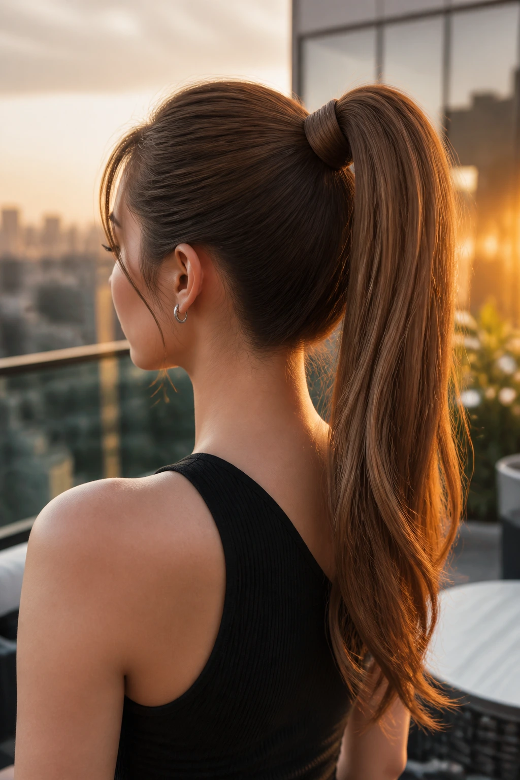 Real woman with high ponytail and wrapped base hairstyle