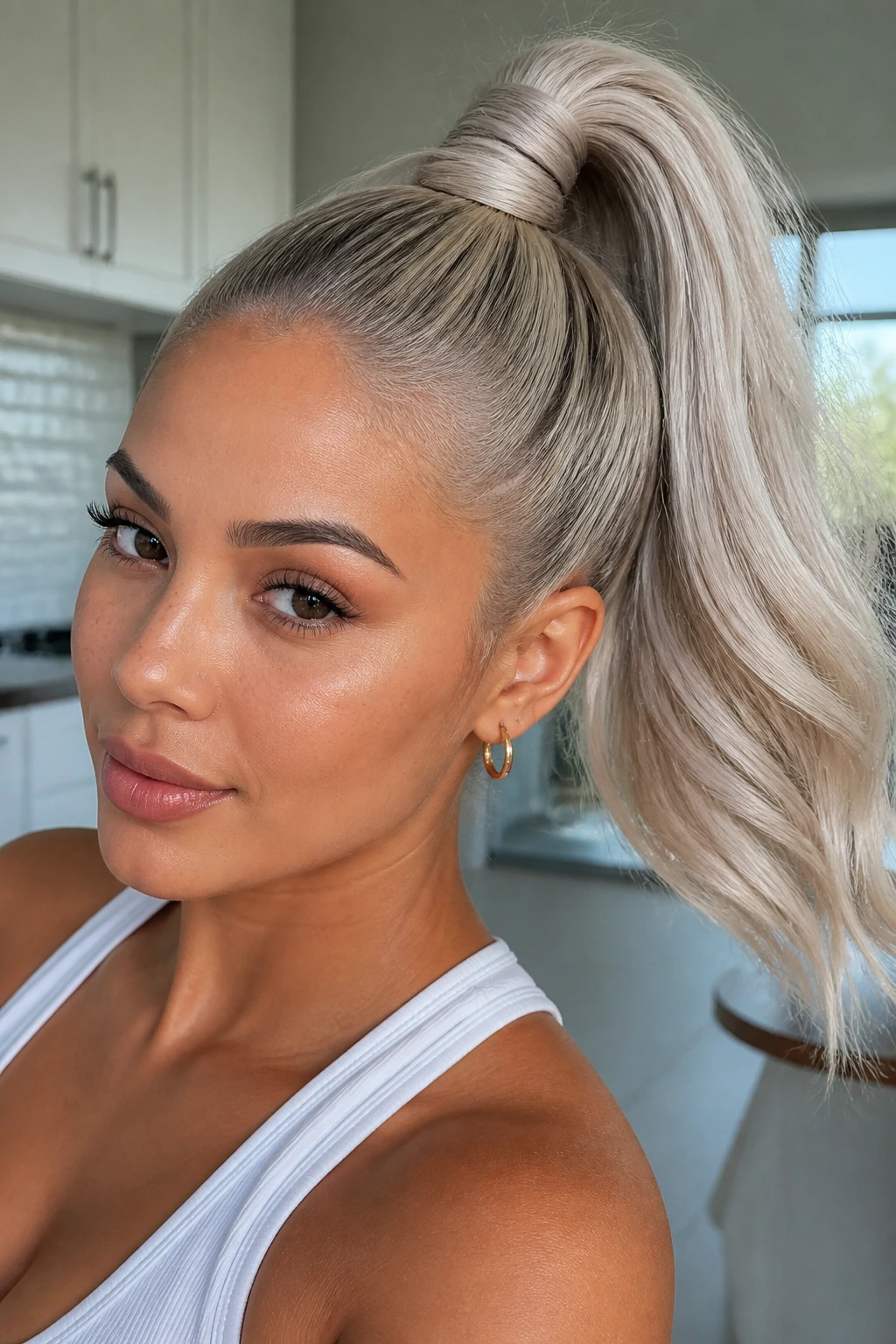 Real woman with high ponytail wrapped base showing icy blonde tones