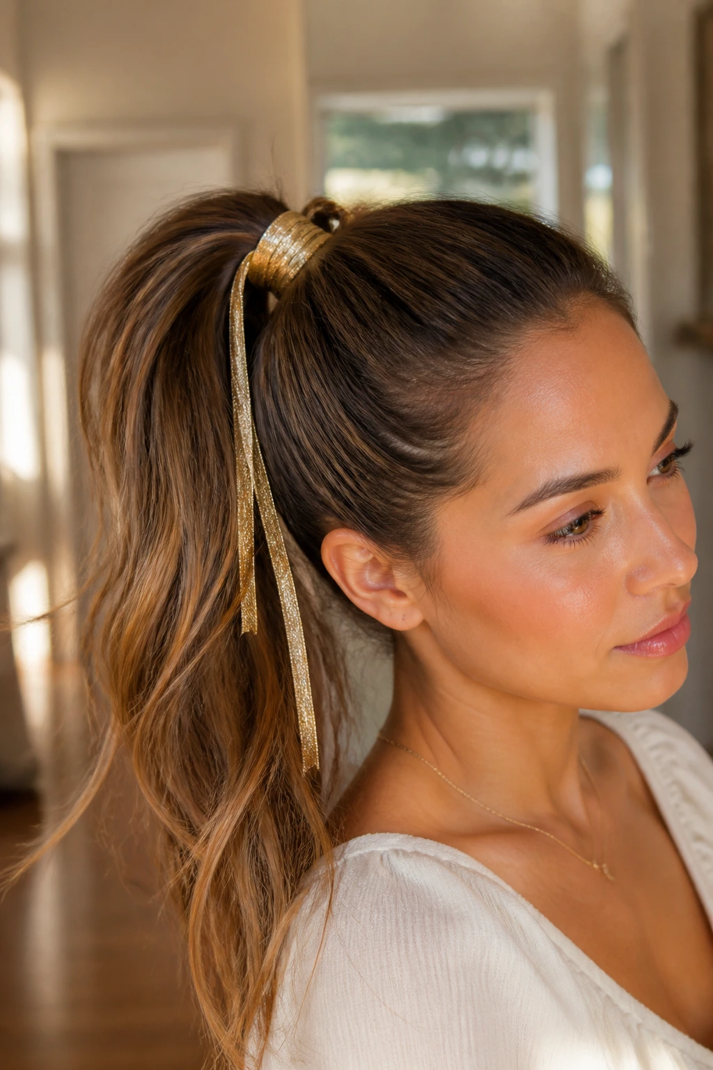 Profile view of a real woman with a high ponytail wrapped base and gold ribbons