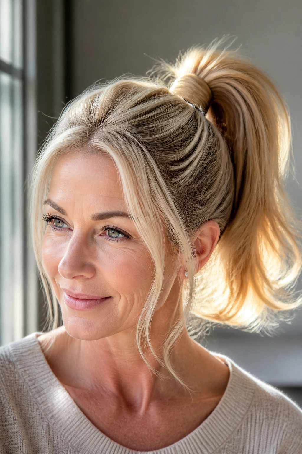 Woman with high ponytail wrapped base and sunny ends in natural light.