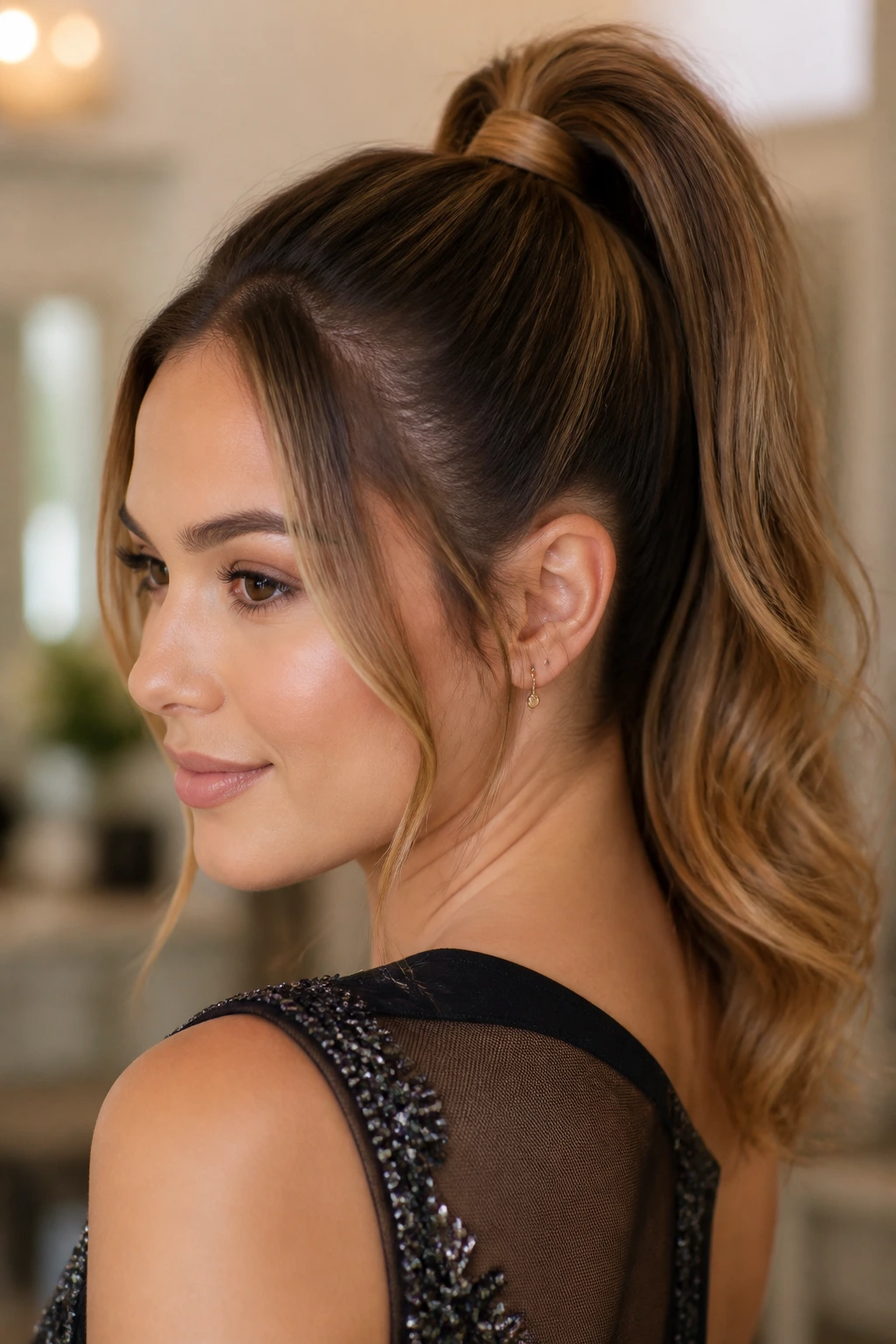Portrait of woman wearing wrapped high ponytail