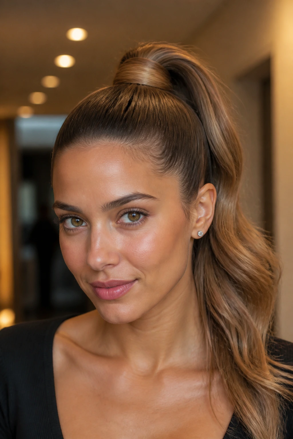 Close-up of a real woman with a high ponytail and wrapped base
