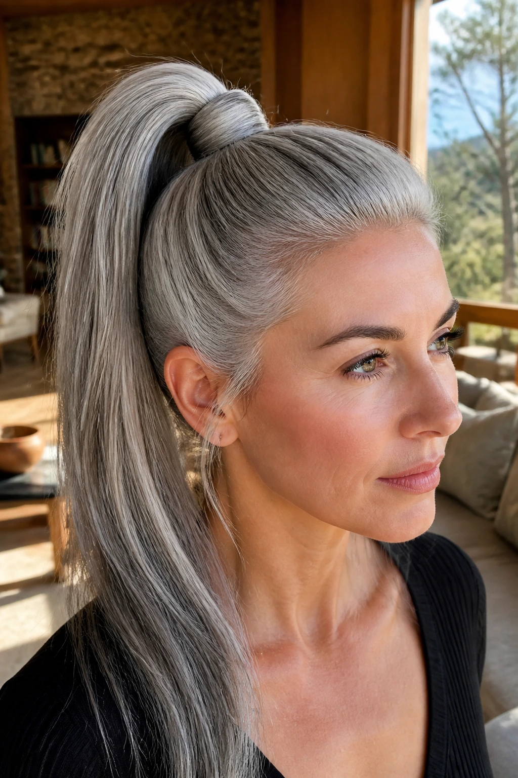 Real person with a high ponytail and wrapped section in natural light.