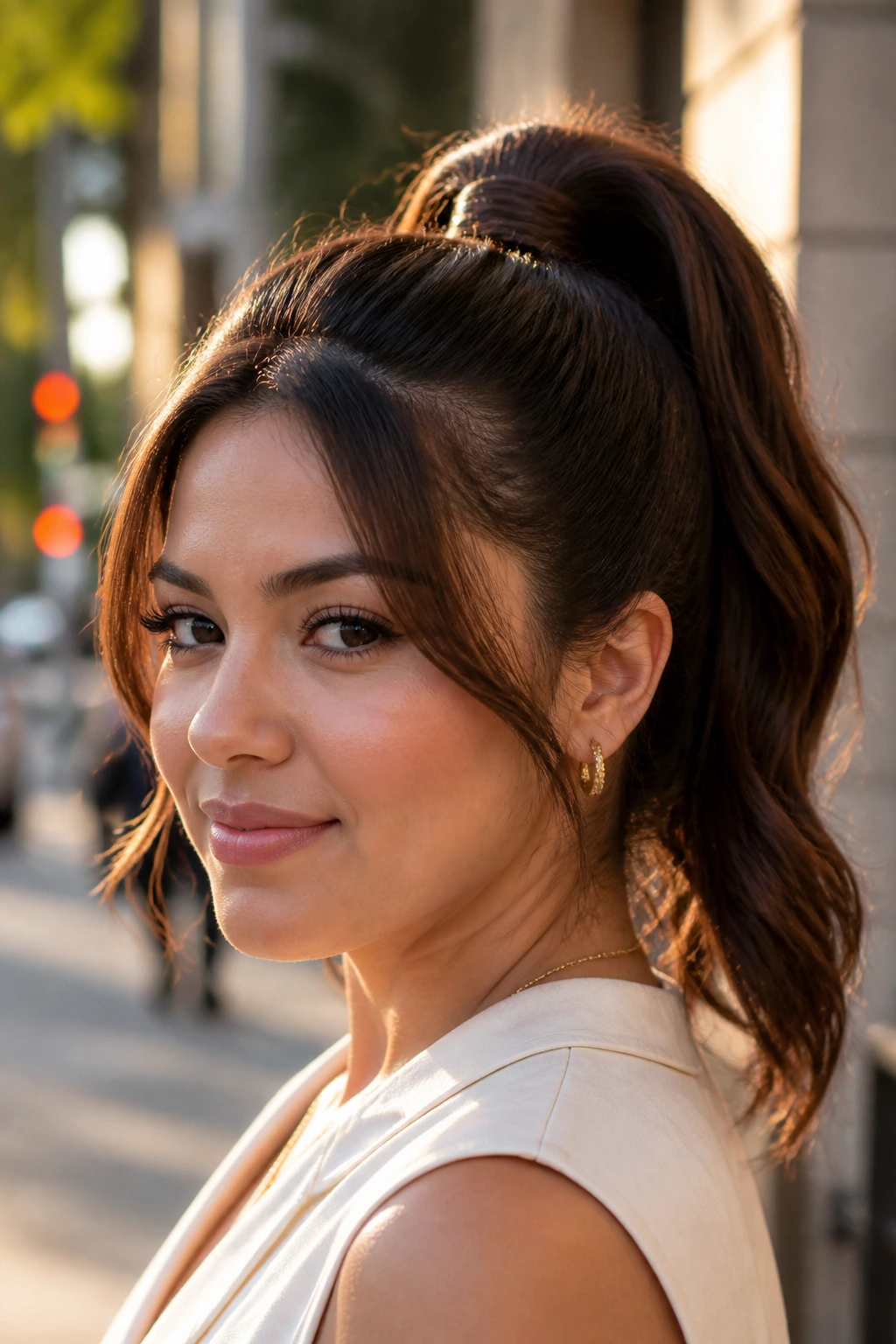 Real woman wearing a high ponytail with wrapped base and soft face pieces outdoors