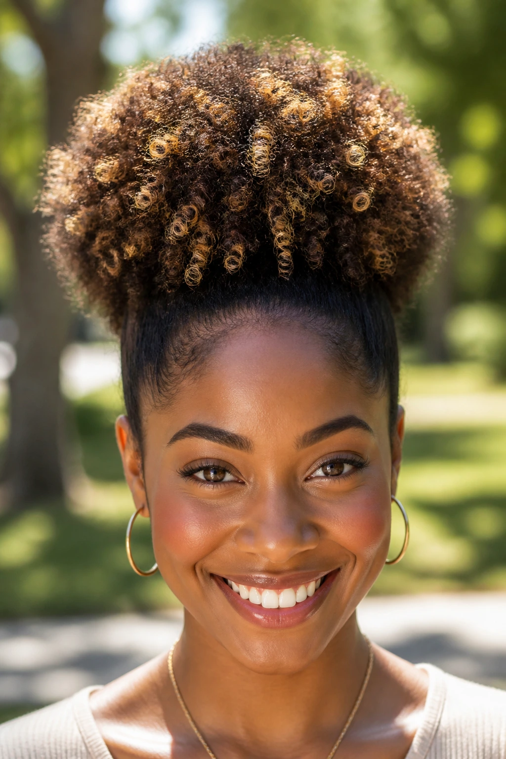Close-up of a woman with high puff and bright crown babylights