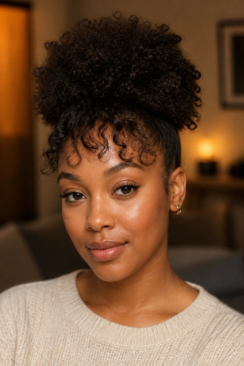 Close-up portrait of a real Black woman with a high puff and soft bangs along the hairline in a warm living room
