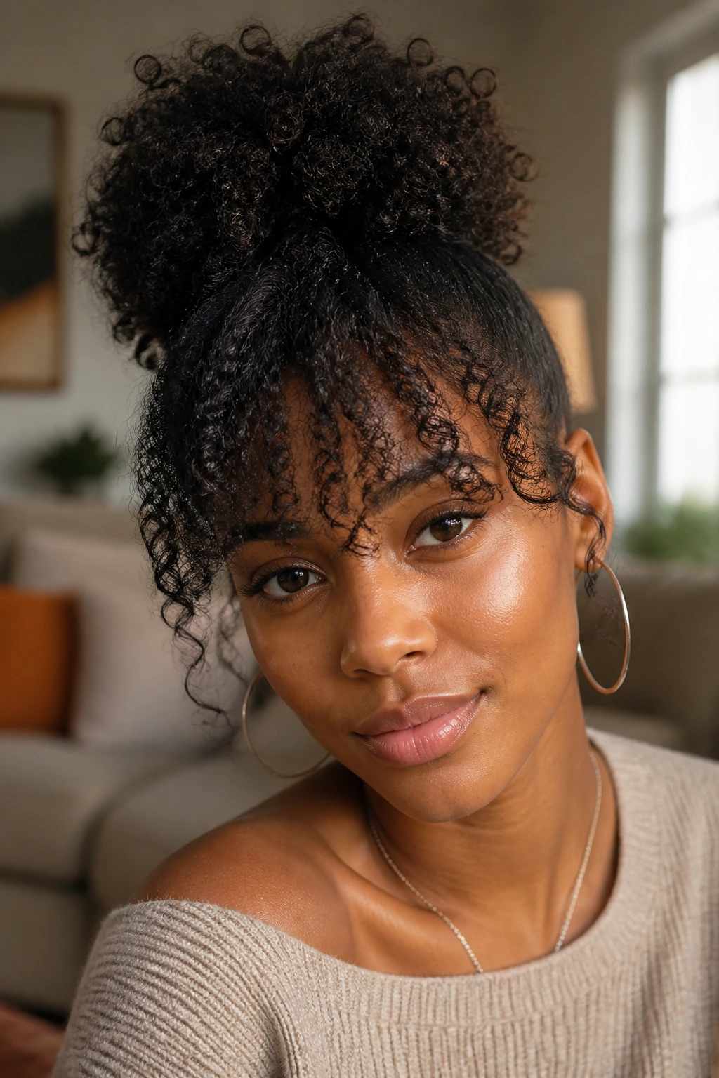 Close-up portrait of a Black woman with a high puff and airy bangs framing her eyes, in a cozy home setting.