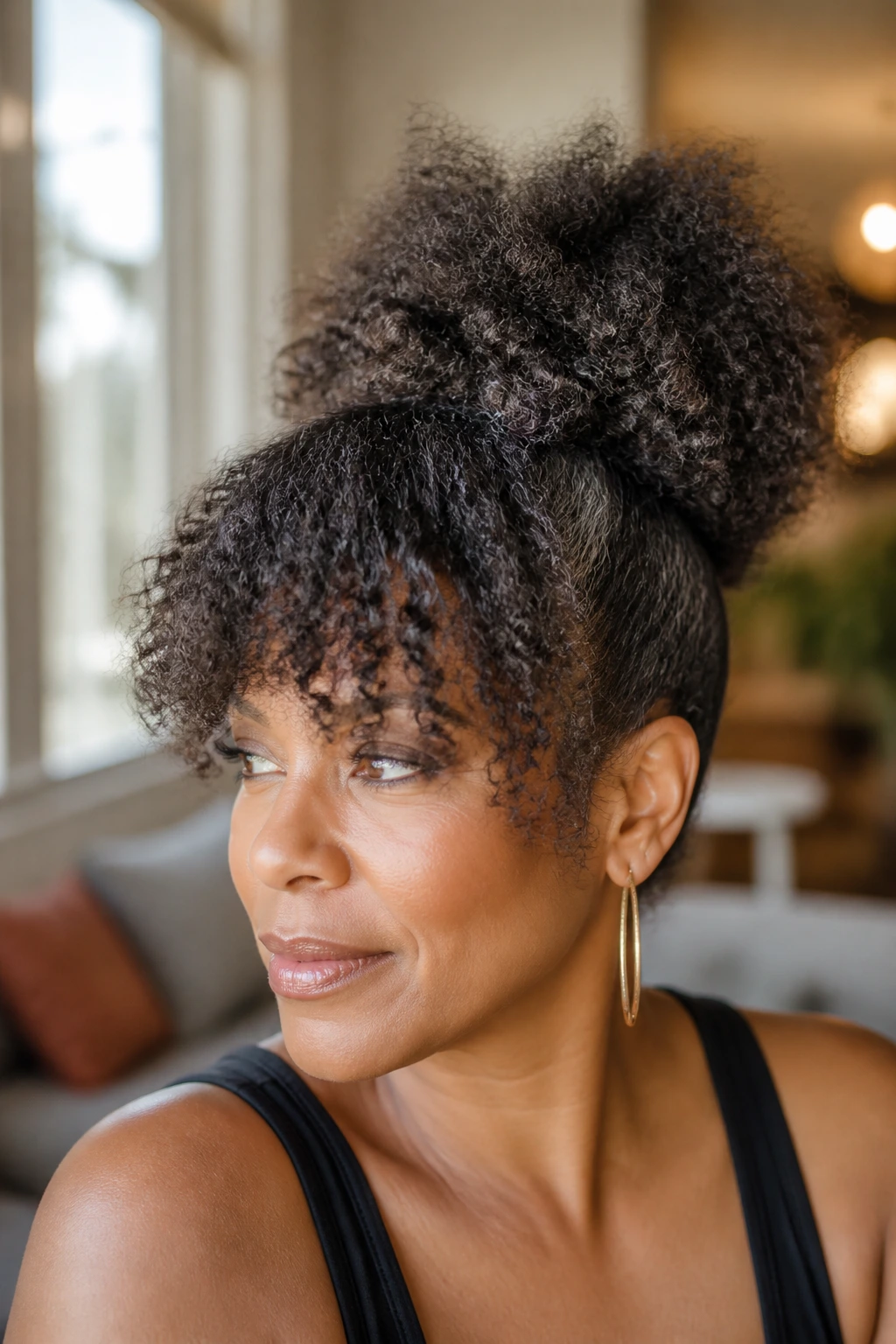 Close-up of a real woman with a high puff and soft bangs