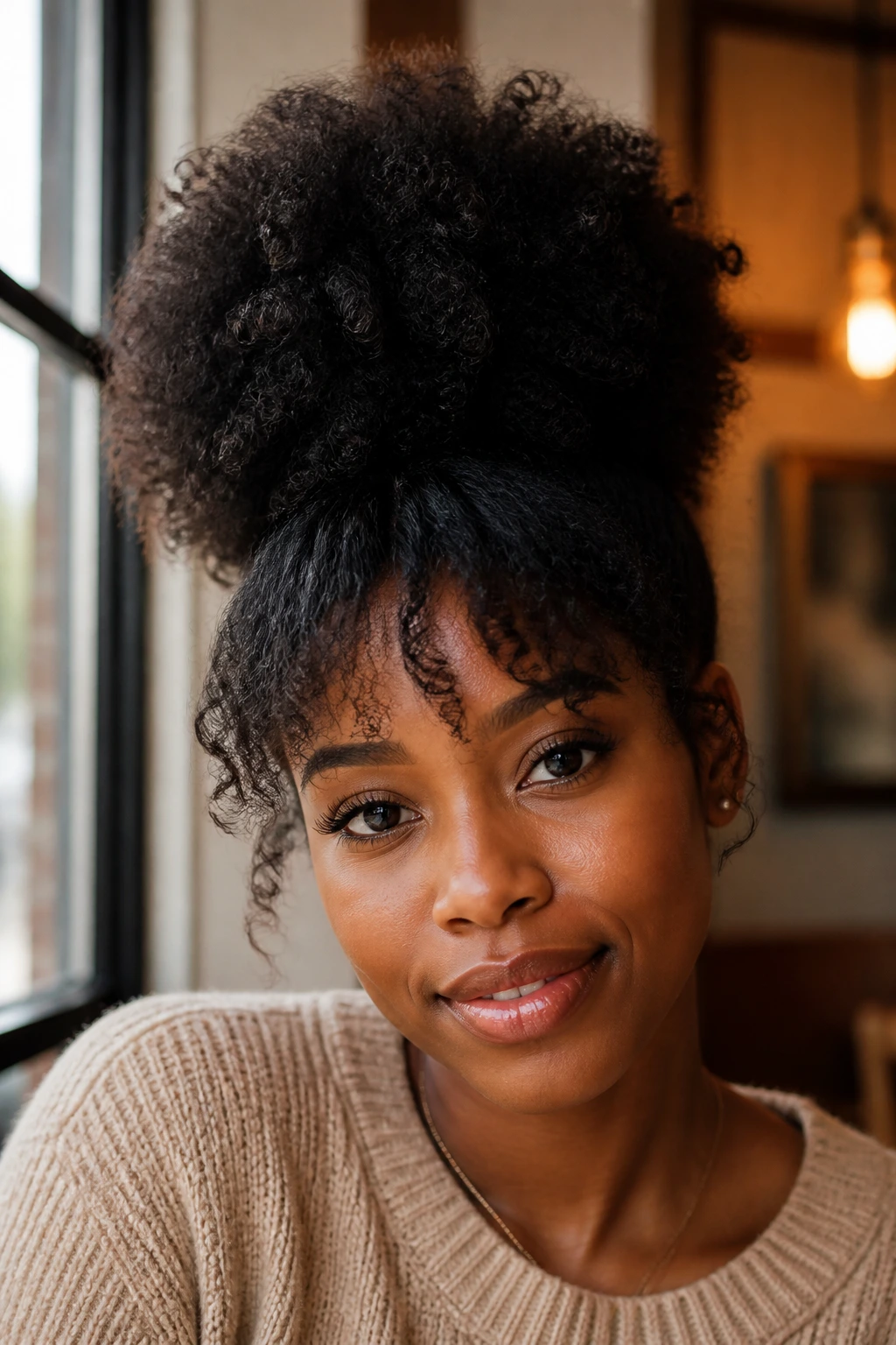 Close-up of a Black woman with a high puff and soft bangs