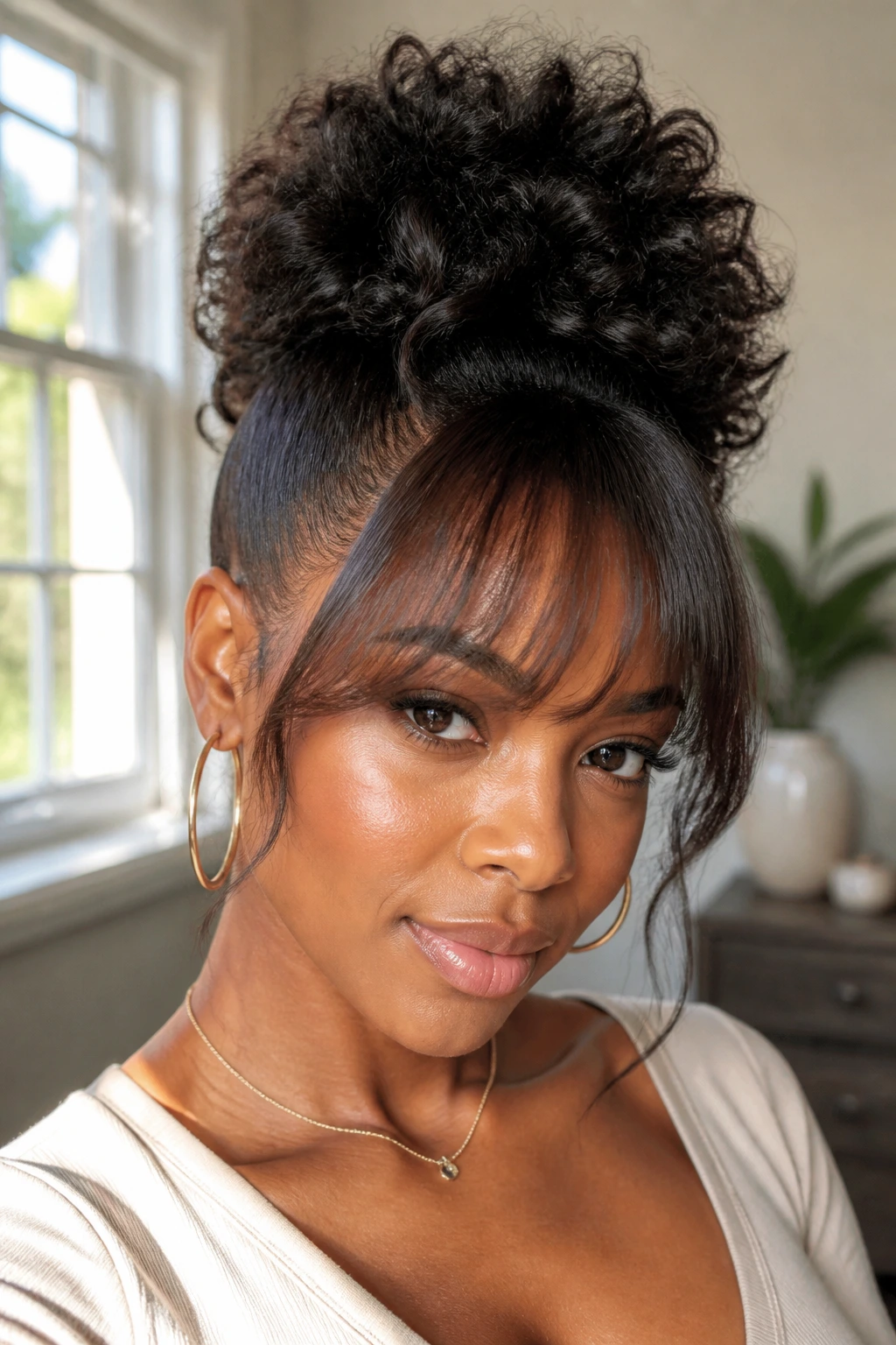 Portrait of a woman with a high puff and soft front bangs.