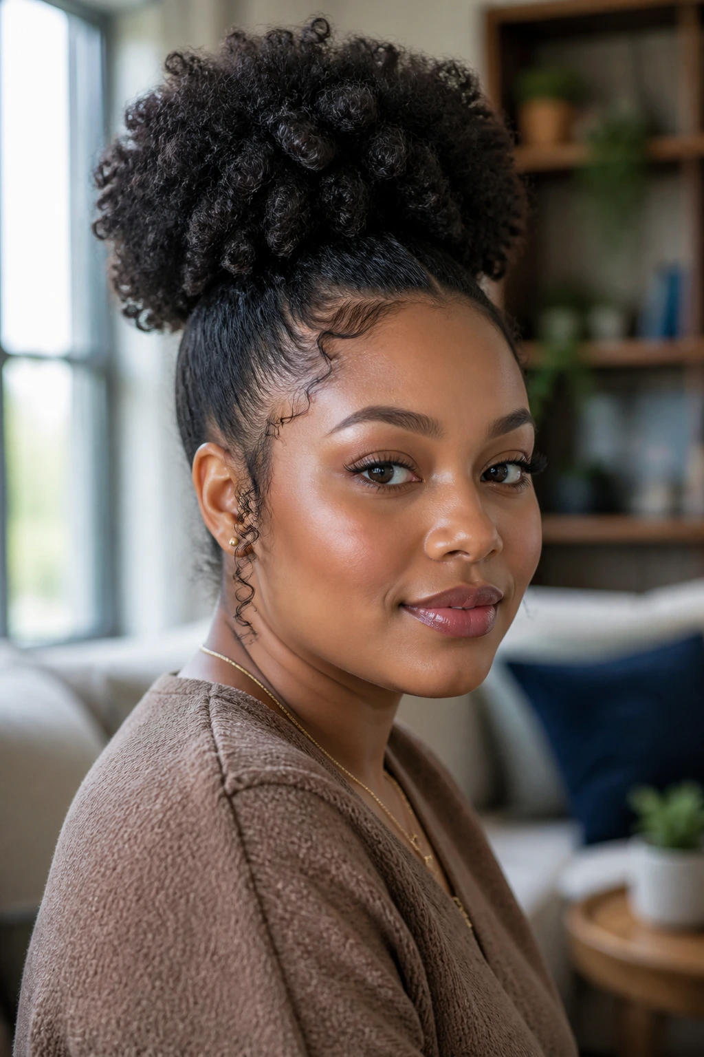 Portrait of a woman with a high puff hairstyle highlighting silhouette.