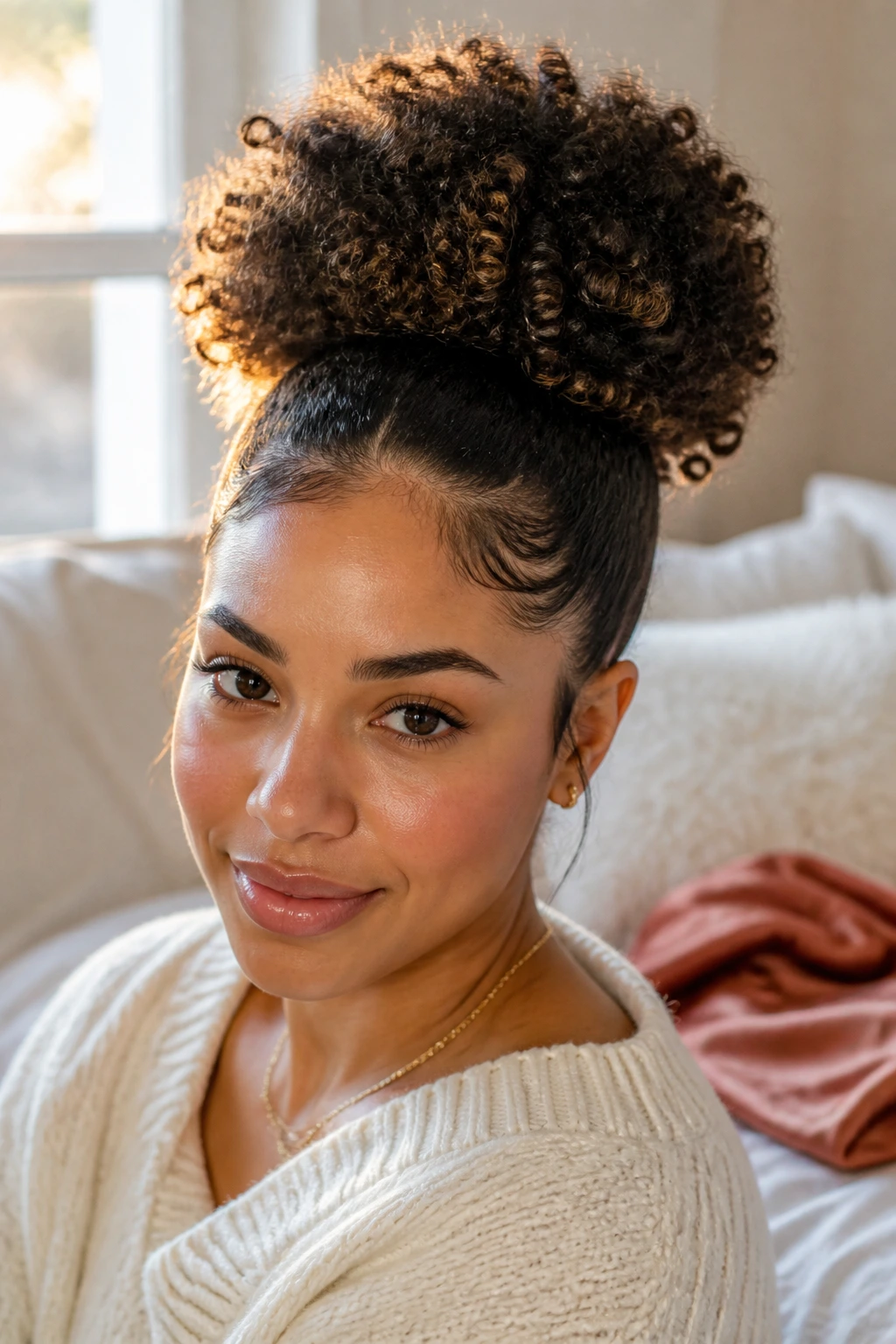 Close-up of a real woman with a high puff in a cozy bedroom with morning light