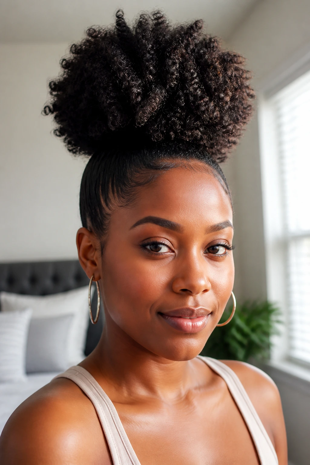 Black woman with a high puff above the crown.