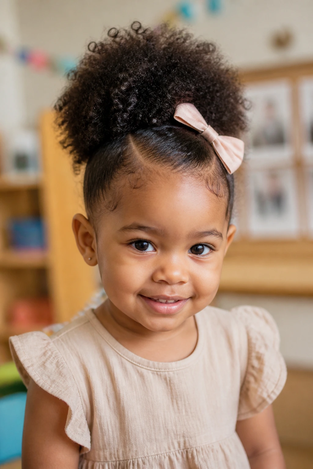 Toddler with high crown puff suitable for school and photos