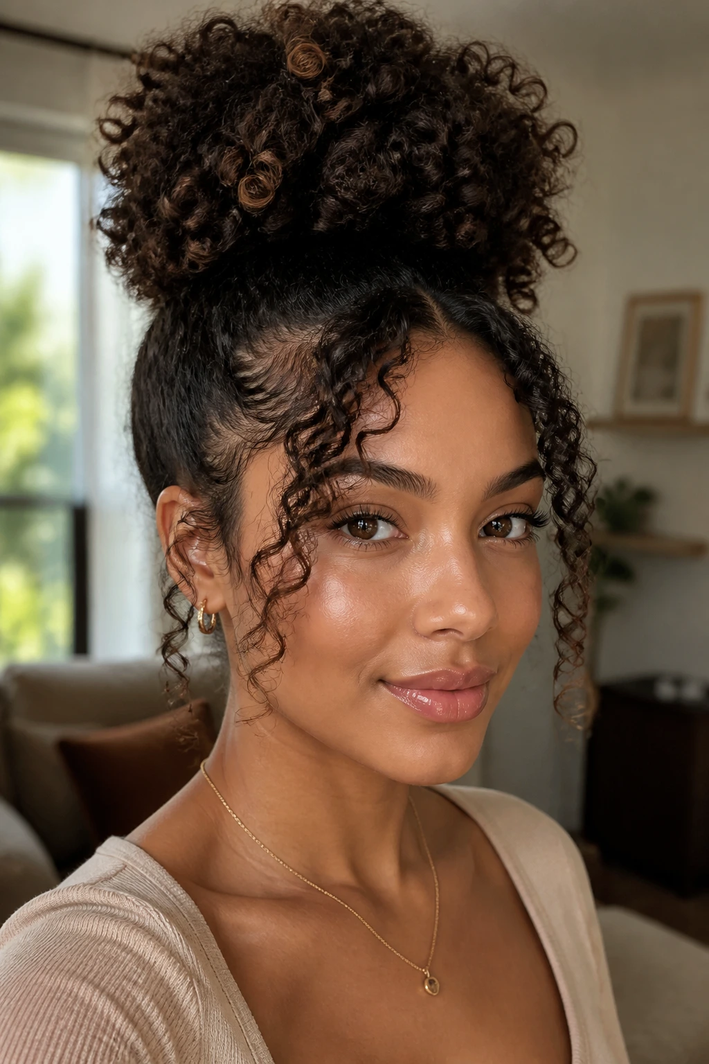 Close-up of a woman with a high puff and curtain bangs in warm window light
