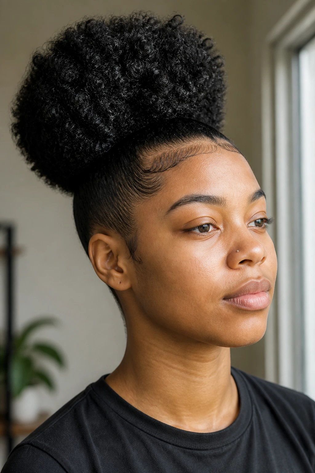 Real person with thick hair in a high puff and smooth edges