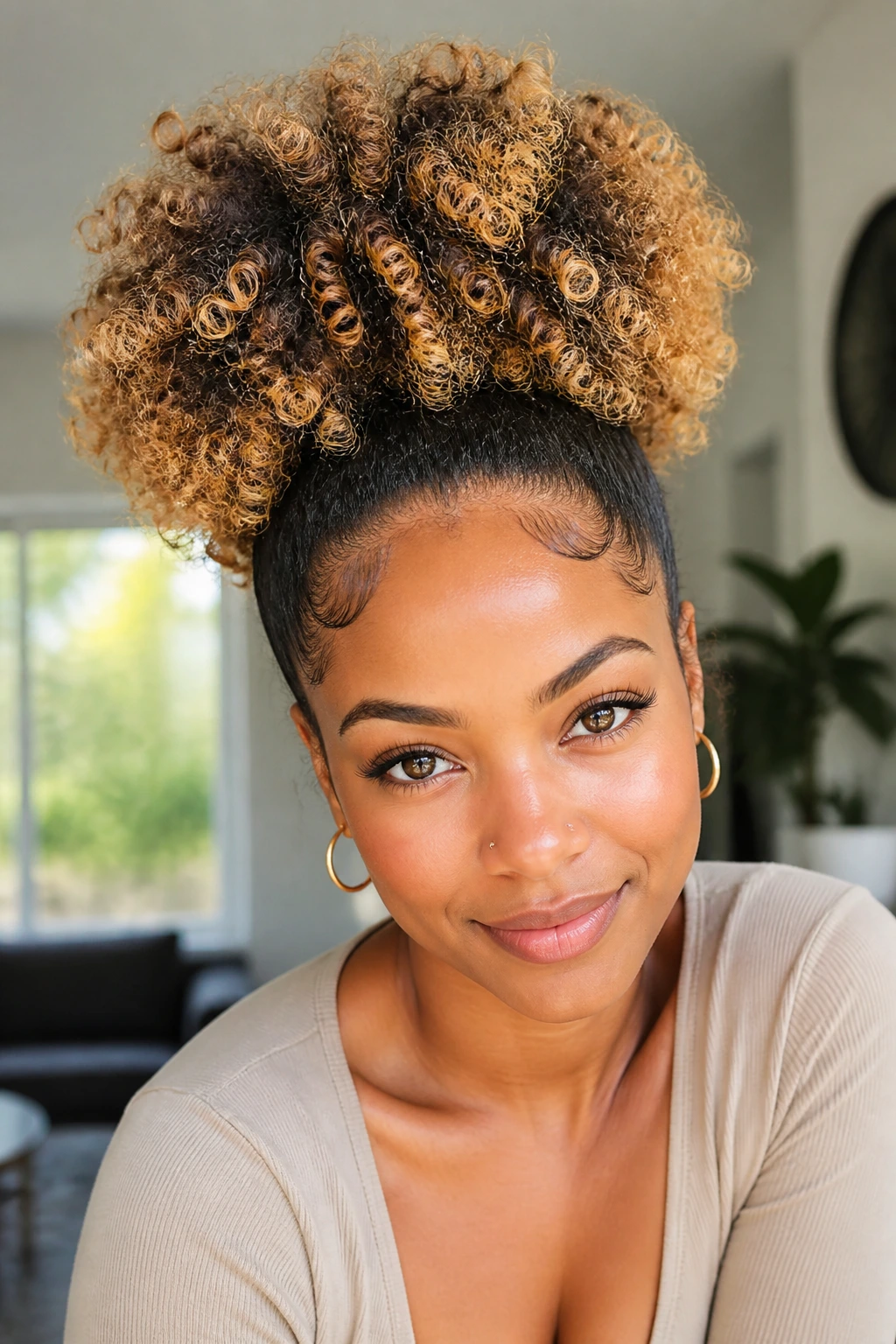Close-up of high puff ponytail with blonde ombre tips on a real person in bright light