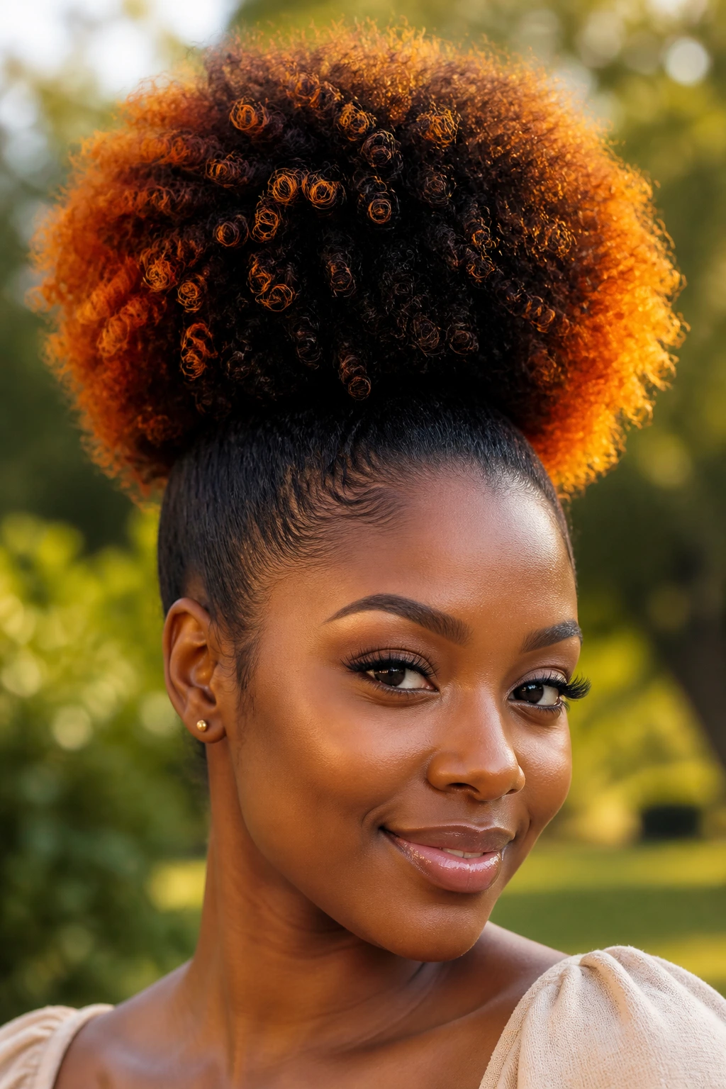 Portrait of a woman with high puff and sunset ombre tips in warm light