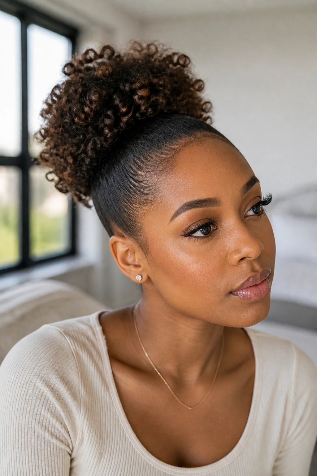 Woman with dense high puff ponytail