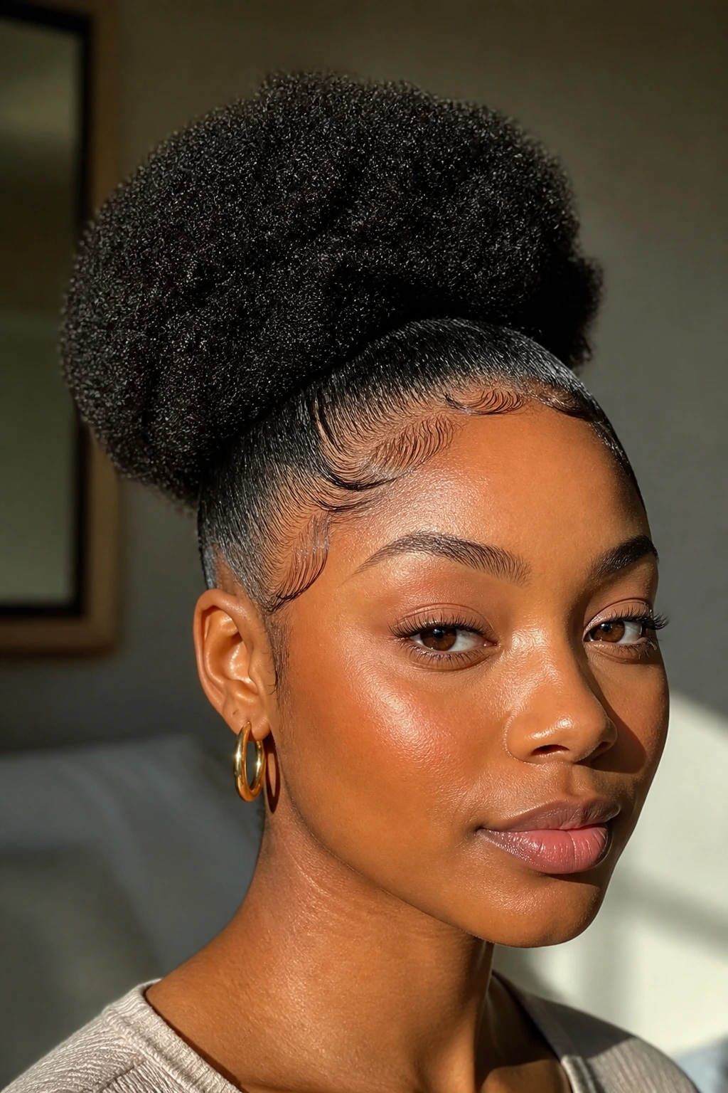 Close-up of a Black woman with a high puff and defined edges