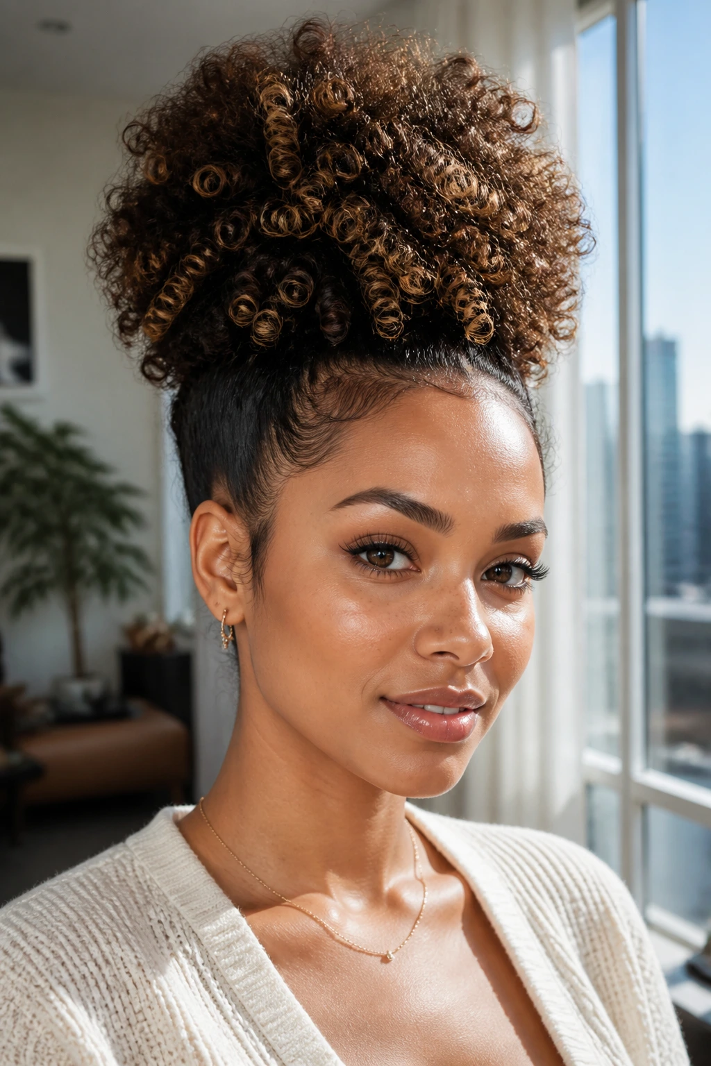 Portrait of real person with a voluminous high puff and shadowed sides.