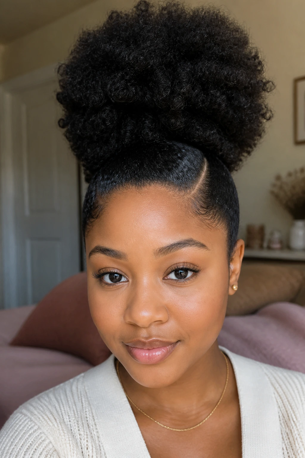 Close-up of a woman with a high puff and a clean side part in natural bedroom light